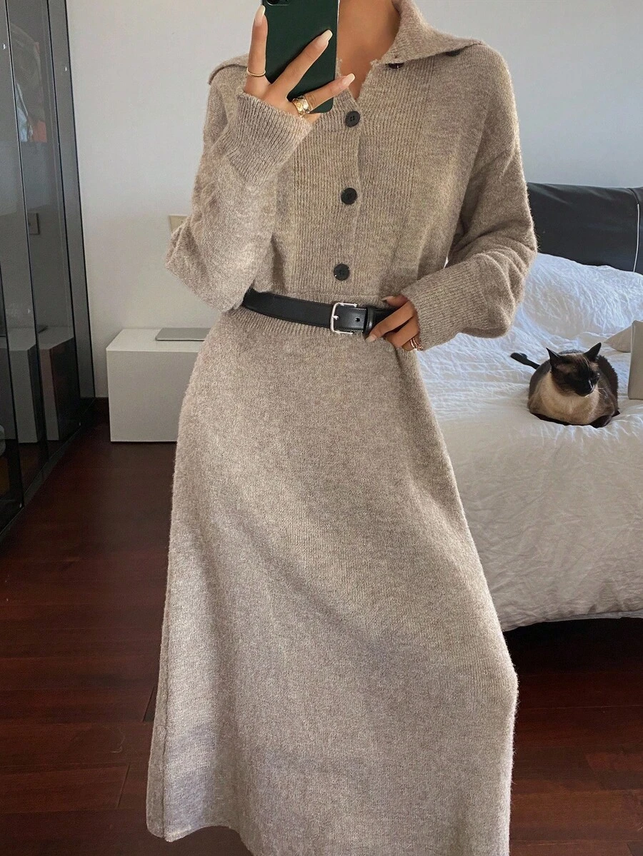 DAZY 女式秋季高领腰收腰毛衣连衣裙 - 駝色 - 查看 1