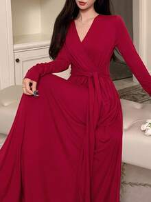 DAZY Solid Surplice Neck Lounge Dress Red Women Dresses Pajama,New Year - Burgundy - View 6