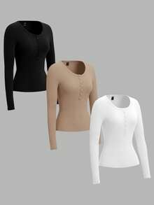 SHEIN EZwear 3 Set 3-Color Black, White, Khaki Plus Size Women Knitted T-Shirt, Suitable For Autumn/Winter Fall - Multicolor - View 3