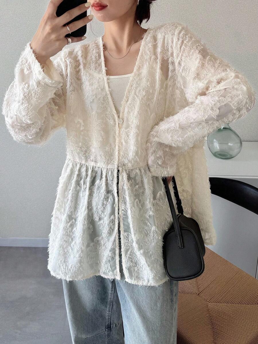 FRIFUL 女士V领纹理宽松无袖背心外套 - 米色 - 查看 1