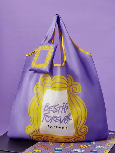 FRIENDS X SHEIN Purple RPET Letter & Frame Print Foldable Reusable Shopping Bag, Gift , Purple