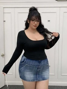 SHEIN EZwear 秋冬大码休闲圆领厚羊毛T恤 - 黑色 - 查看 3