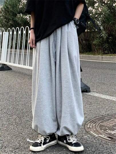 INAWLY 單色寬鬆休閒運動長褲,彈性口袋