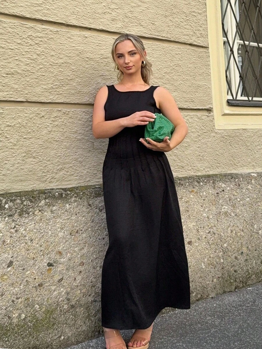 Jeta Ari Summer New Waist Drawstring Slim Fit A-Line Long Dress For Women - Black - View 1