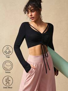 VARSIVA T-shirt de sport ajusté à manches longues avec design à cordon de serrage, couleur unie pour femmes - Noir - Voir 10
