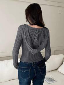 Modelyn V-Neck Cable Knit Pullover Sweater, Slim Fit, Hooded Autumn Winter Clothes For Women - Dark Grey - View 5
