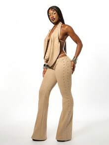 SUMWON WOMEN 万圣节喇叭形铆钉高腰绒面革女式长裤喇叭裤阔腿阔腿裤金属铆钉 - 駝色 - 查看 1