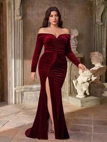 Aureia Gaun Formal Elegan Ukuran Plus Warna Burgundy Musim Semi Bahan Beludru, Lengan Panjang Tanpa Bahu, Berkerut, Belahan Tinggi, Model Ekor Duyung Ramping, Cocok untuk Tamu Pesta Pernikahan - Burgundy - View 7