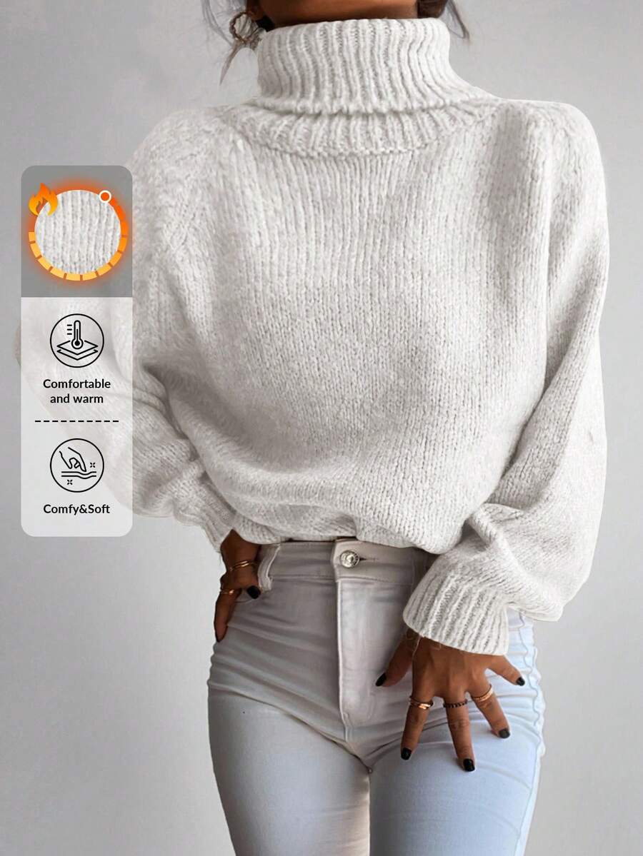EURMUSE Raglan Sleeve Turtleneck Ribbed Knit Sweater - White - View 1