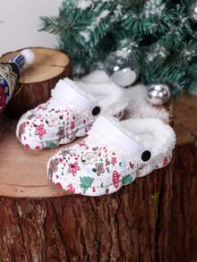 Cozy Pixies 一双圣诞毛绒内衬可爱卡通雪人、驯鹿和拐杖糖印花婴儿木屐 - 米色 - 查看 2