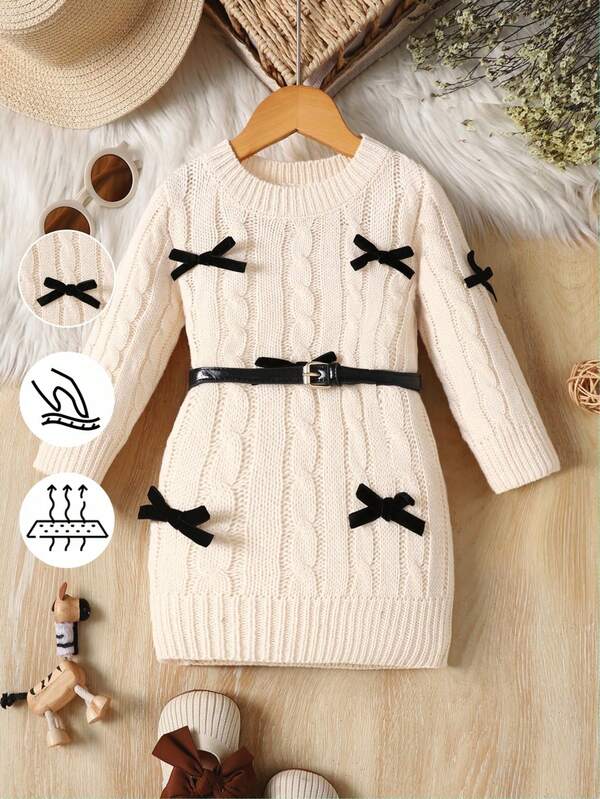 Genkimix Kids 1pc Baby Girls' Sweater Dress, Sweet Princess Style With Cable Knit Texture And Black 3D Bow Decor, Round Neck Long Sleeve Regular Thickness, Cute & Elegant Non-Pilling Long Sweater Dress, Suitable For Daily Wear, Outings And Home, Autumn/Winter Fall