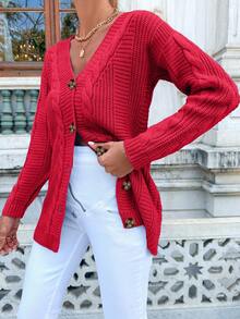 EURMUSE Damski jednokolorowy kardigan z dekoltem w serek i guzikami z przodu, dzianinowy, swobodny, z długim rękawem