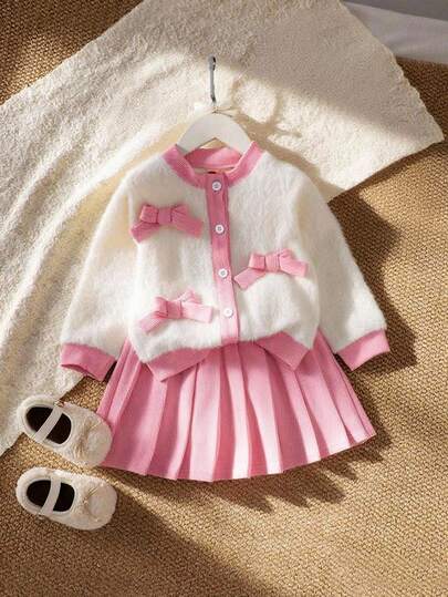 Genkimix Kids 两件套女童粉白针织毛绒蝴蝶结开衫外套和百褶裙套装，甜美可爱，春秋冬装