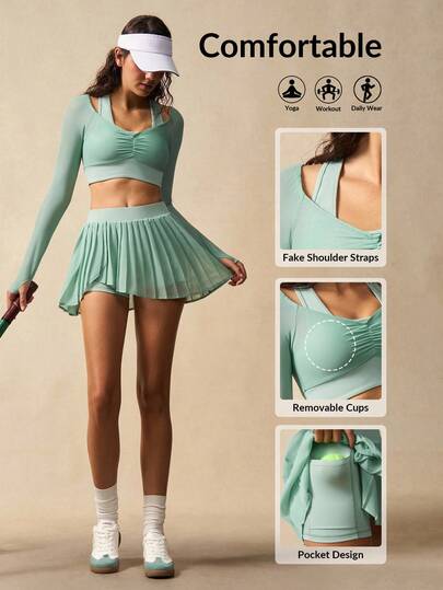 VARSIVA Women's Solid Color Pleated Long Sleeve 2 In 1 Cropped Top And Skort Sports Suit Two Pieces Tennis Skirt Set Two Pieces Skort Set Long Sleeve Tennis Outfit Tennis Crop Top And Skirt Set Women Tennis Apparel