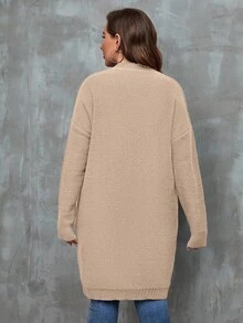 EMERY ROSE Áo khoác len cardigan dệt kim dài tay dáng rộng, dày dặn, thường ngày, cỡ lớn dành cho nữ, cài nút, hai túi, dây rút màu đen, dệt kim họa tiết, áo khoác len đa năng mặc hàng ngày - Màu be - Xem 3