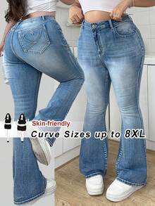 SHEIN CURVE+ 大码休闲水洗修身喇叭牛仔裤 - 淺色水洗藍 - 查看 1