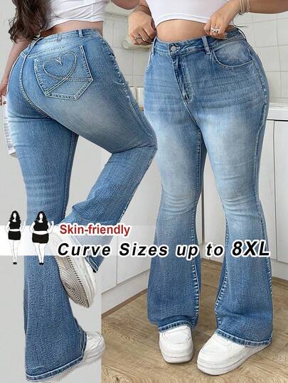 SHEIN CURVE+ Women's Plus Size Blue Jeans Comfortable High Stretch Denim Slim Flared Pants Cute Heart Embroidery With Pockets Back To School Clothes Fall Clothes
