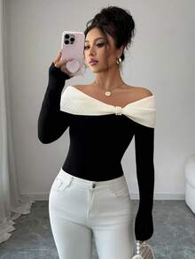 DAZY Suéter elegante de mujer con bloqueo de color y hombros descubiertos, otoño/invierno