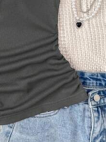 SHEIN 少女基本款白色圆点罗纹白色休闲百搭背心，金属纽扣，工字背心 - 深灰色 - 查看 5