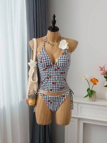 Bellisia 樱桃格子比基尼套装 露背款，夏季