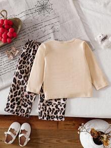 SHEIN Baby Girl Leopard Print Bow Decor Round Neck Long Sleeve T-Shirt And Leopard Print Pants Casual Outfit Fall Winter