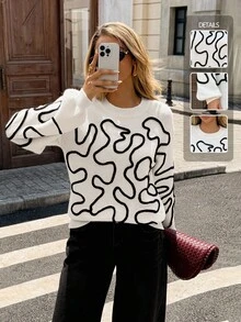 Pariaura Women's White And Black Drawstring Knit Pullover Sweater,Autumn Casual Everyday Crew-Neck Knitted Top With Asymmetrical Wavy Patterns,Fall - Beige - View 1