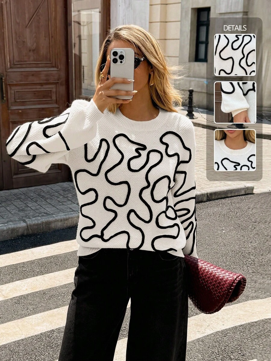 Pariaura Women's White And Black Drawstring Knit Pullover Sweater,Autumn Casual Everyday Crew-Neck Knitted Top With Asymmetrical Wavy Patterns,Fall - Beige - View 1