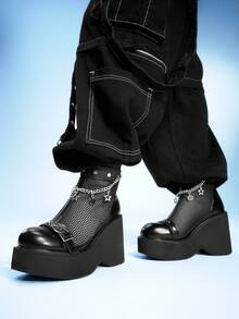 Sugerpunk Women's Fashion Thick-Soled Wedge Heel Ankle Boots, Gothic Star Metal Chain Double Strap Buckle Back Zipper, Black Punk Style Thick-Soled Wedge Heel Ankle Boots - Black - View 5