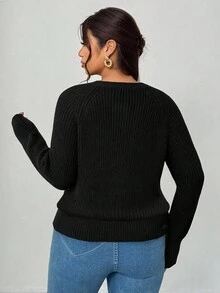 Elenzga Women's Black Cardigan,Autumn Smart Casual Everyday Plus Size Round Neck Raglan Long Sleeve,Sophisticated Design With Asymmetric Buttons,Fitted - Black - View 2