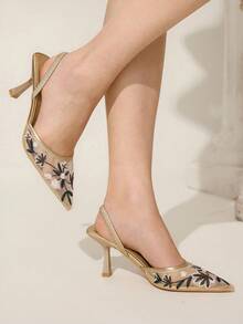 CUCCOO CHICEST Sapatos femininos de salto agulha com renda bordada floral champanhe, bico fino, salto médio, elegante, romântico, vintage, salto alto, mule, slip-on, adequados para convidadas de casamento, ocasiões formais, Halloween, Natal, Ação de Graças - Ouro - Ver 6