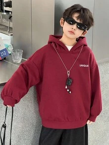 DAZY Tween Boys' Casual Loose Fit Letter Print Fleece Sweatshirt, Street Style For Autumn,Winter Hoodie