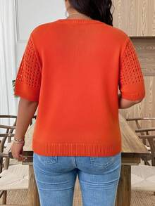 EMERY ROSE Blusa casual de talla grande con cuello redondo, manga corta y diseño calado - Naranja - Ver 2