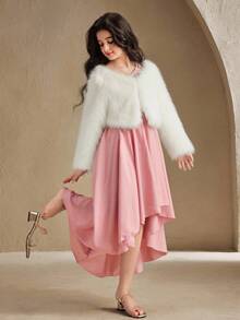 Anewsta Flower Girl High-End Sequin One Shoulder Cutout A-Line Uneven Hem Mid-Length Dress, Suitable For Weddings, Formal Events, Birthday Parties