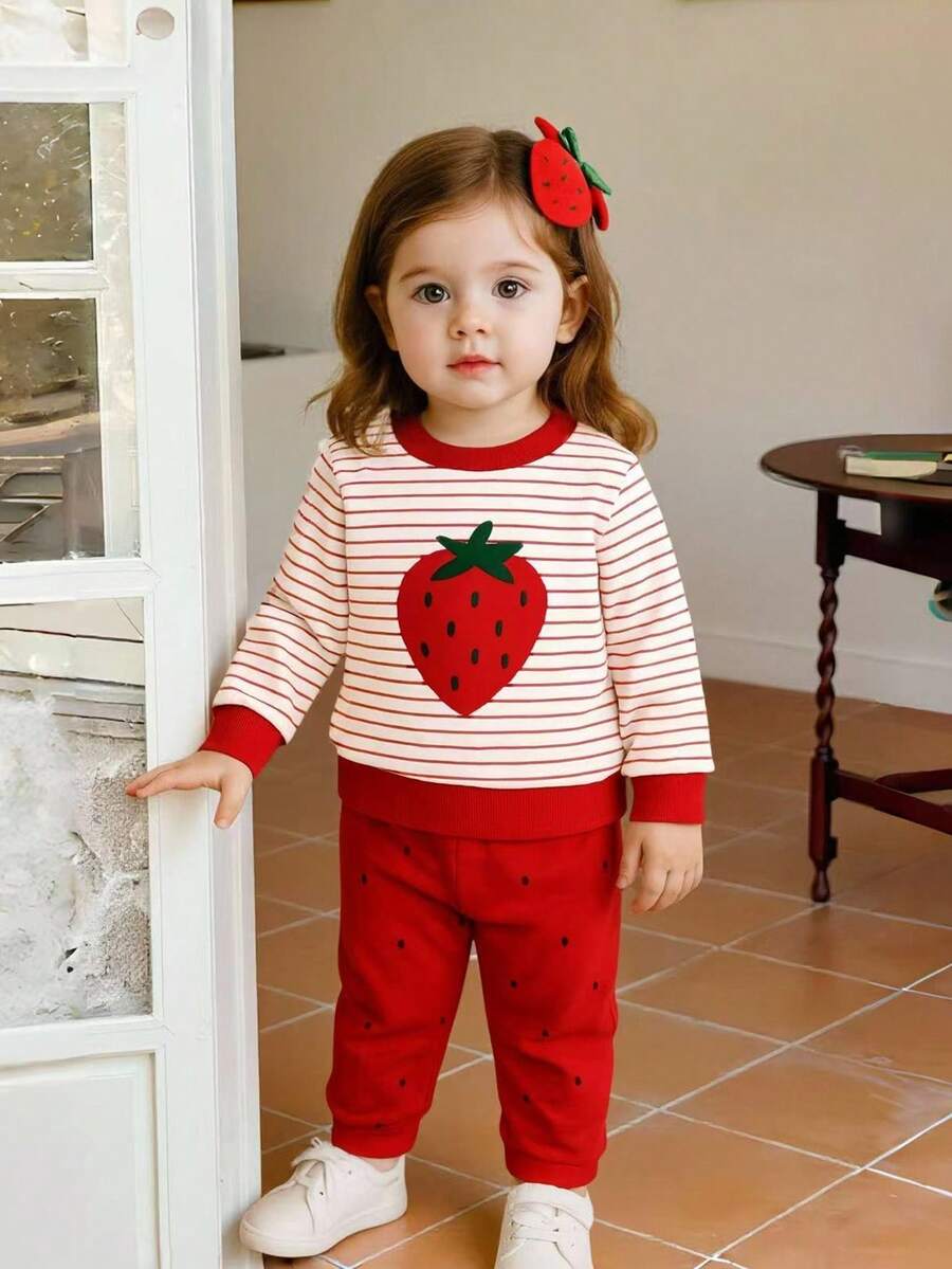 SHEIN Playful Pals 2 件套女婴休闲可爱草莓条纹印花柔软针织圆领长袖运动衫上衣和草莓籽图案红色裤子套装，儿童服装，女童服装，婴幼儿服装，婴幼儿套装，日常休闲，女婴可爱水果草莓套装，适合春秋冬，6 个月至 3 岁