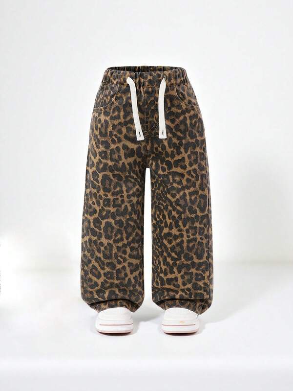 SHEIN Pantalones vaqueros anchos de cintura elástica ajustable con cordón, cómodos y casuales, con estampado de leopardo vintage para niña joven