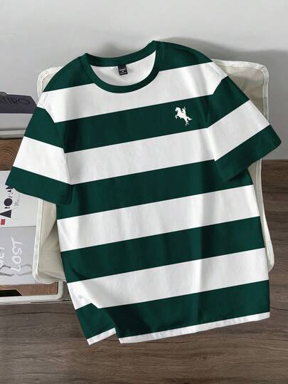 Manfinity Joysei Plus Size Men's Casual Commuter Biker Print Colorblock Striped Short Sleeve T-Shirt, Summer