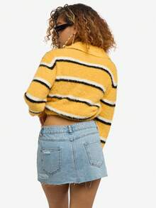 SUMWON WOMEN Minifalda de mezclilla con efecto de patchwork estilo vintage reconstruido, cintura alta, bajo con corte crudo, diseño de ropa de calle para festivales - Multicolor - Ver 2