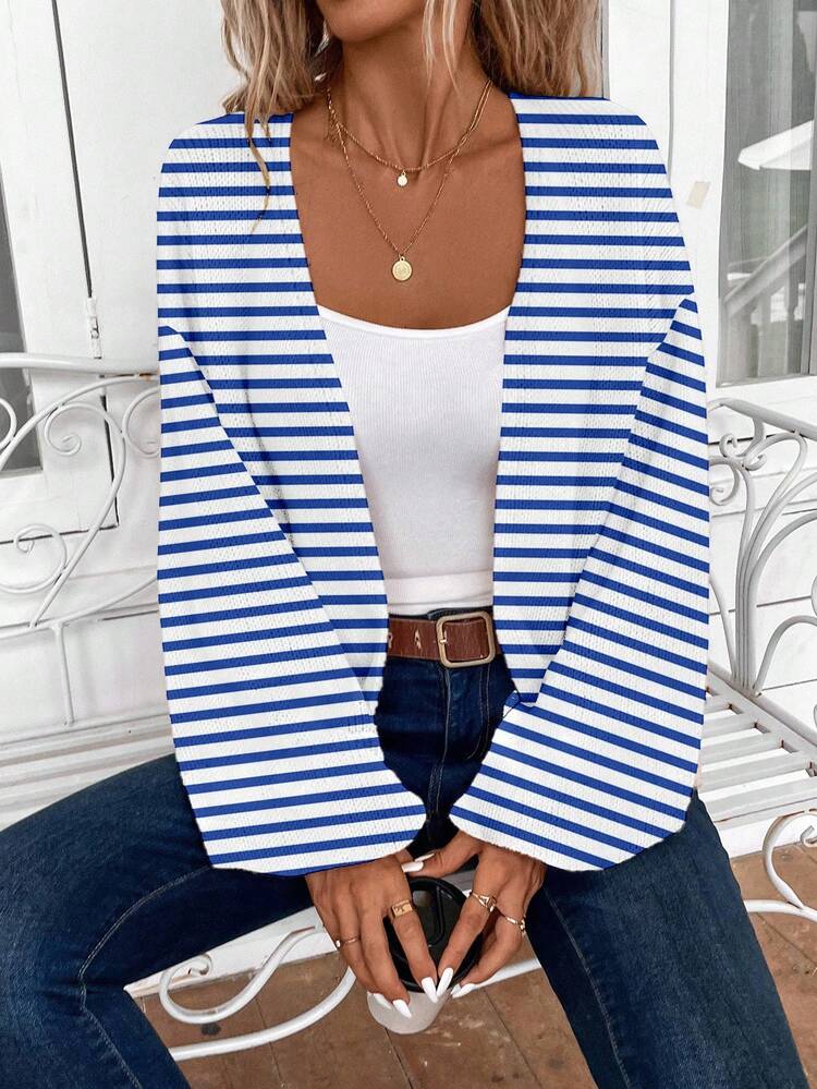 Women's Casual Color Block Drop Shoulder Striped Cardigan In Fall/Winter