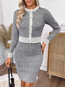 EMERY ROSE 女士优雅撞色饰边纽扣前针织开衫和毛衣连衣裙两件套，秋冬 - 灰色 - 查看 8