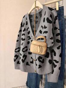 EMERY ROSE Cárdigan básico casual con botones y estampado de leopardo para mujer de talla grande