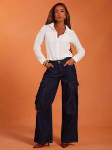 NYA SZN Navy Blue Summer Streetwear Everyday High Rise Cargo Denim Pant Barrel Jeans Pocket Detail Comfortable Classy Elegant Fall Cotton Dark Wash Raw - Dark Wash - View 6
