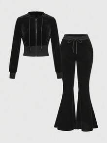 ROMWE Grunge Punk Women's Drawstring Hooded Zip-Up Long Sleeve Top And Flare Pants Casual Daily 2 Pieces Set - Black - View 1