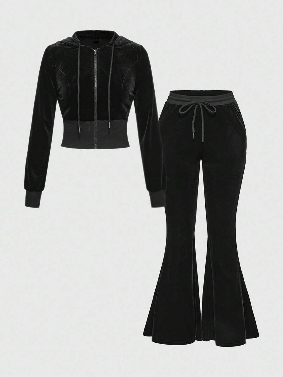 ROMWE Grunge Punk Women's Drawstring Hooded Zip-Up Long Sleeve Top And Flare Pants Casual Daily 2 Pieces Set - Black - View 1