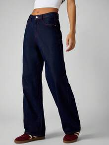 MISSGUIDED Quần jean ống đứng cạp cao màu tối bằng cotton dành cho nữ, có đường chỉ tương phản màu đỏ, chất liệu denim cổ điển, thu đông - Rửa tối - Xem 3