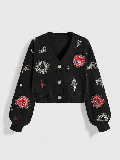 Hippie Women's Retro Palace Heart Eye Sun Moon Star Moth Embroidered V-Neck Knitted Cardigan