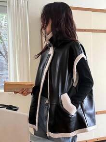 DAZY 女士时尚PU毛内衬常规夹克秋冬保暖外套 - 黑色 - 查看 3