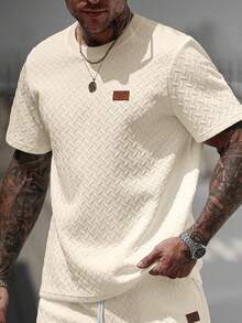 Manfinity CasualCool 男士夏季提花罗纹领短袖 T 恤，送给男朋友或丈夫的精美礼物，适合夏季日常休闲穿着，适合海边度假，时尚百搭的男士休闲 T 恤 - 米色 - 查看 4