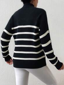 SHEIN Cottnline Striped Pattern Mock Neck Drop Shoulder Sweater - Black - View 2