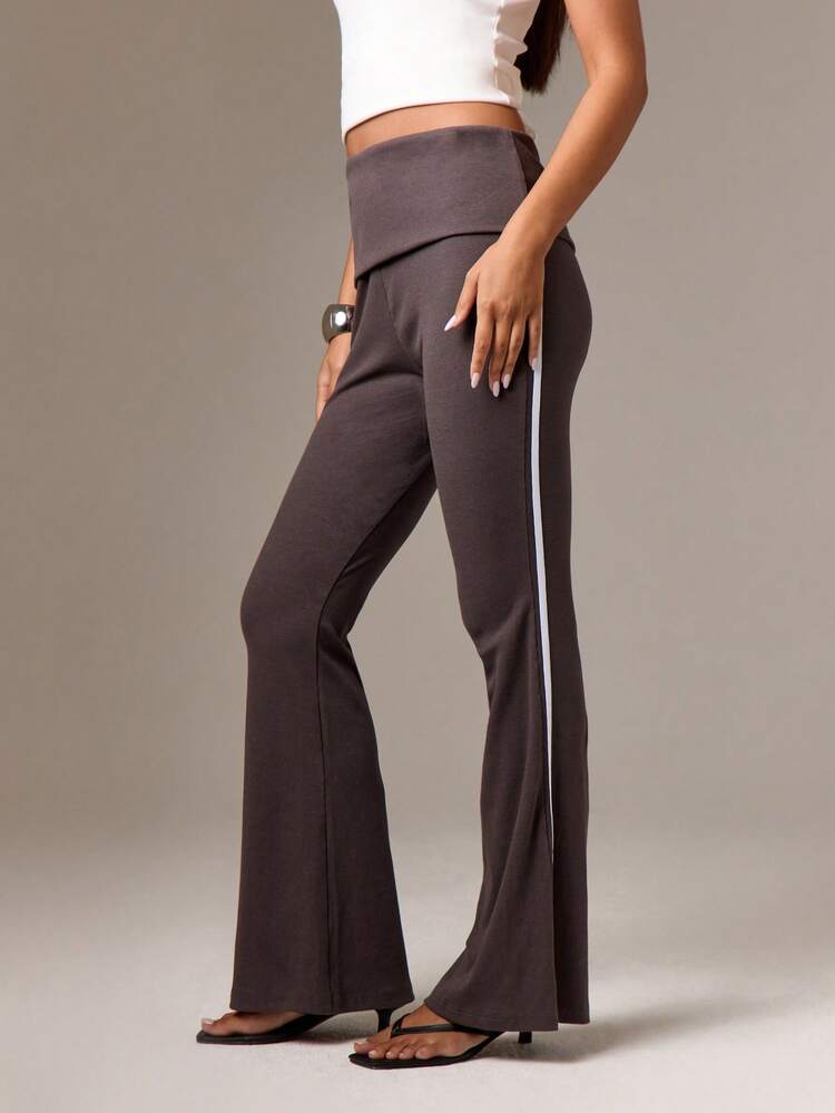 Ribbed Flare Pants With Foldover Waistband