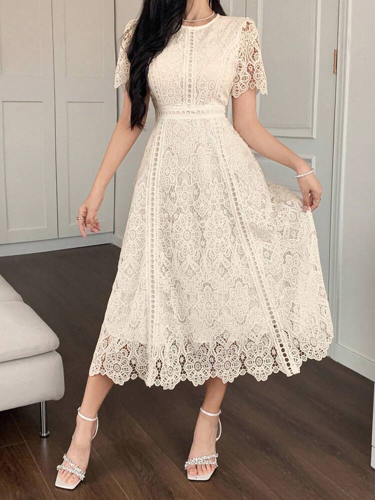 Elegant Lace Trim Short Sleeve Dress, Youthful And Refined Mini Dress